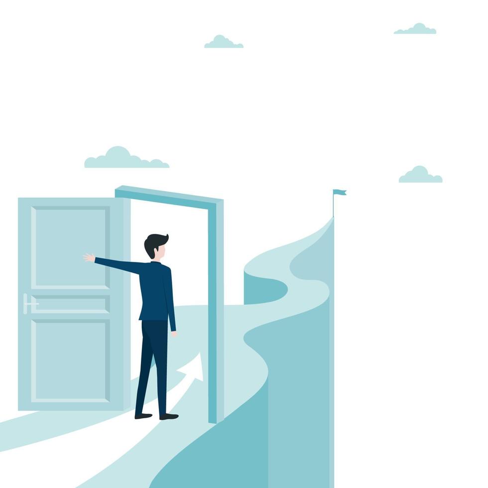The businessman opens the door towards the target on the mountain vector