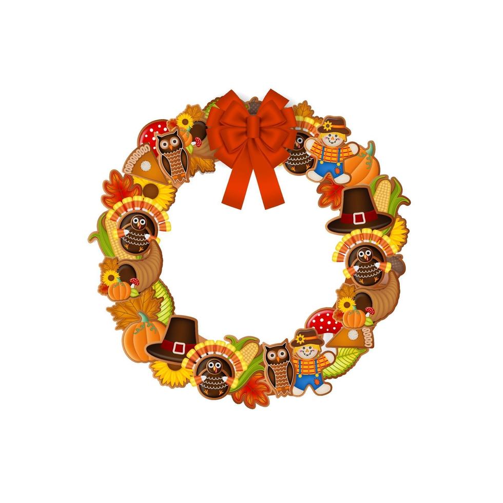 thanksgiving wreath with gingerbread cookies and red bow vector