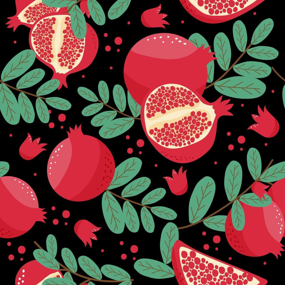 Seamless pattern  pomegranate fruits, Seed with leaf vector