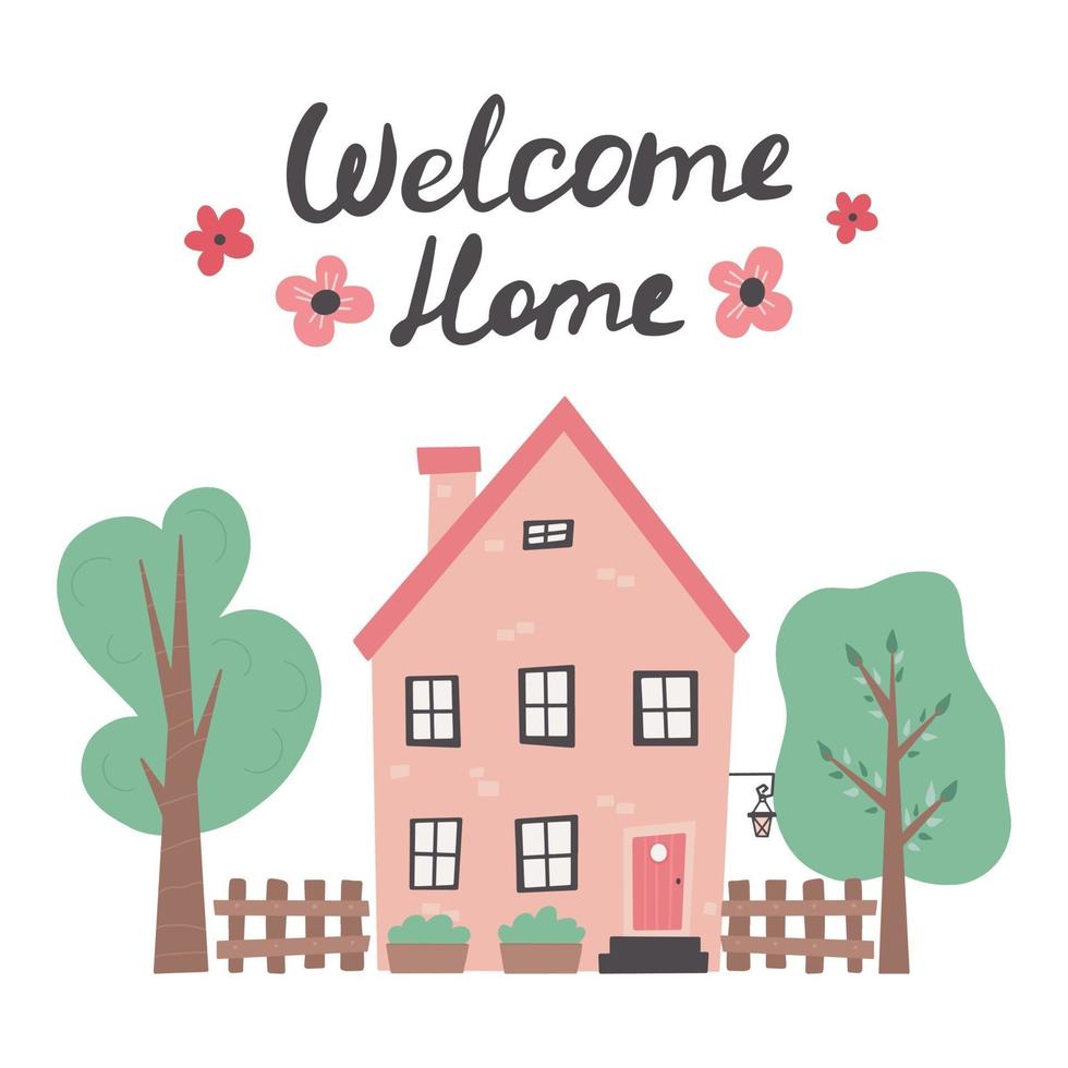 Sweet home lettering with cute house Hand drawn vector illustration