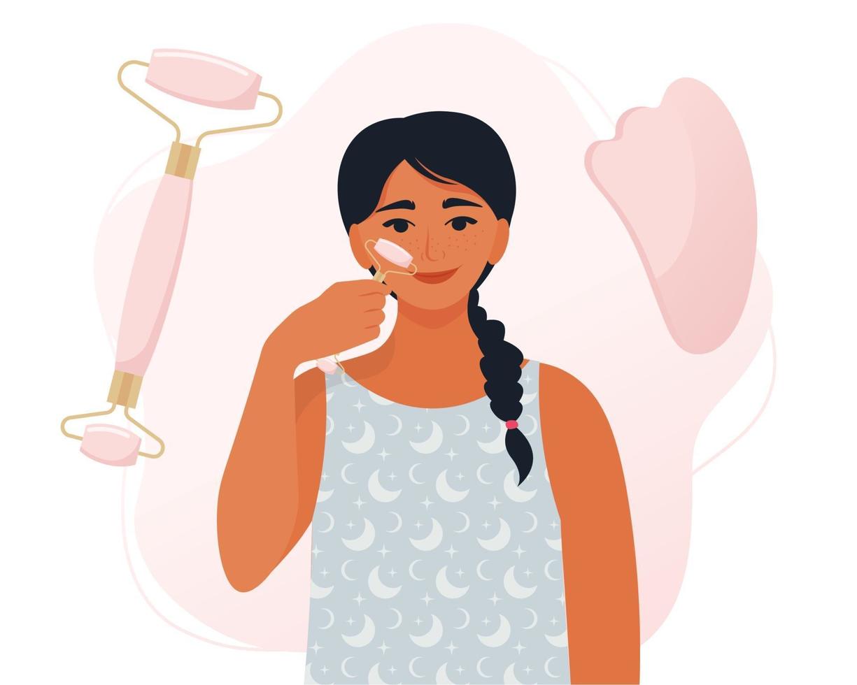 Woman making massage from applying quartz or jade gua sha. vector