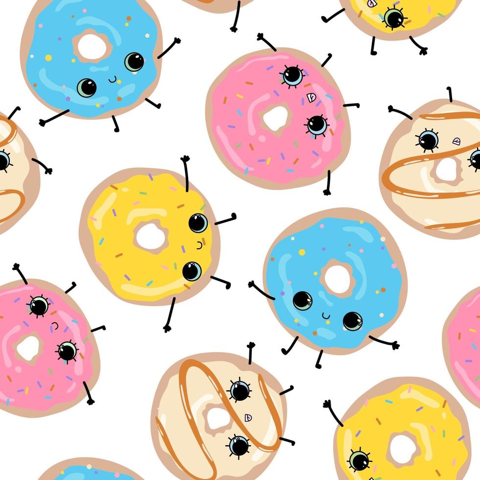 White pattern with cute funny happy glazed donuts Hand drawn faces vector