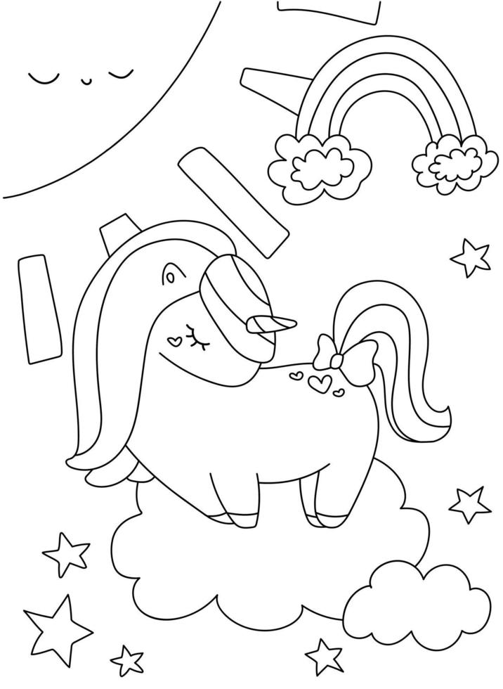 Cute coloring book with unicorn star rainbow sun in clouds on isolated vector