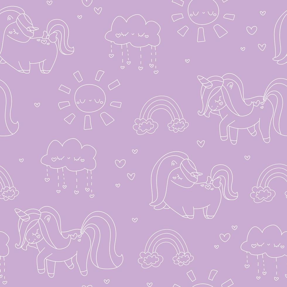 pequeño unicornio lindo con corazón arco iris nube sol púrpura patrón doodle vector