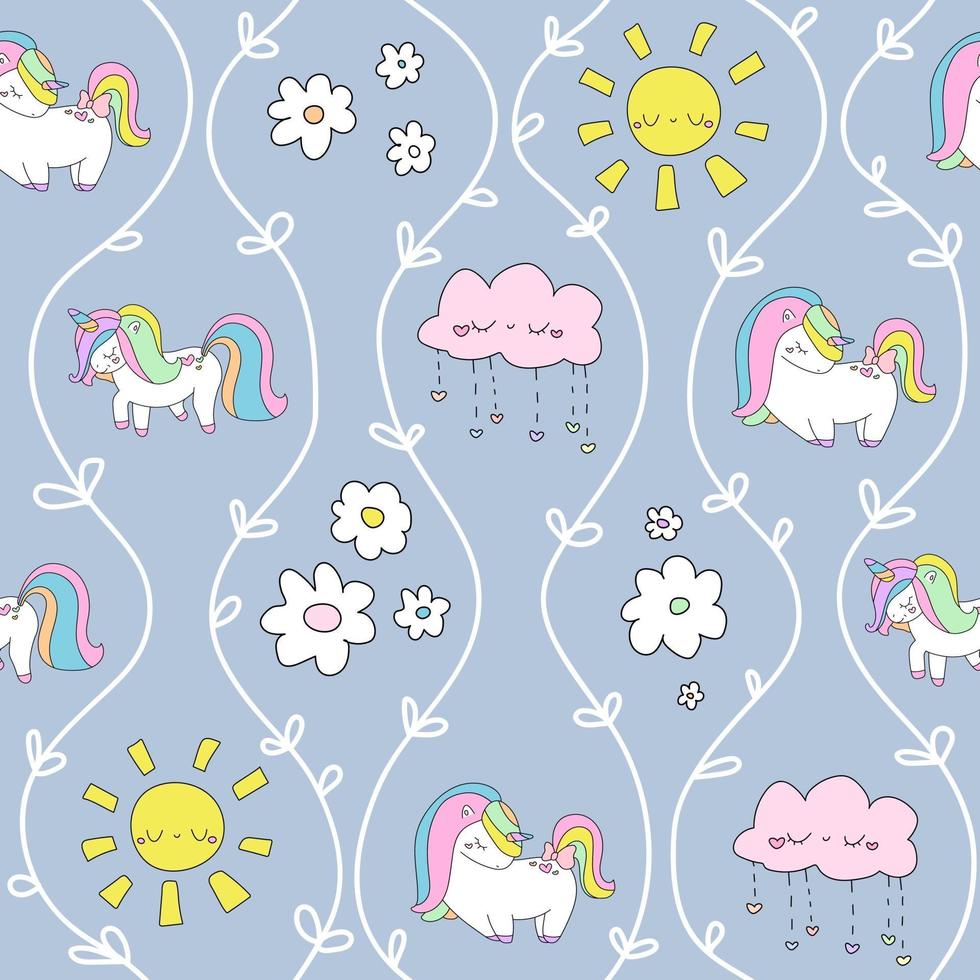 lindo pequeño unicornio corazones flor sol nubes azules pasteles patrones garabatos vector