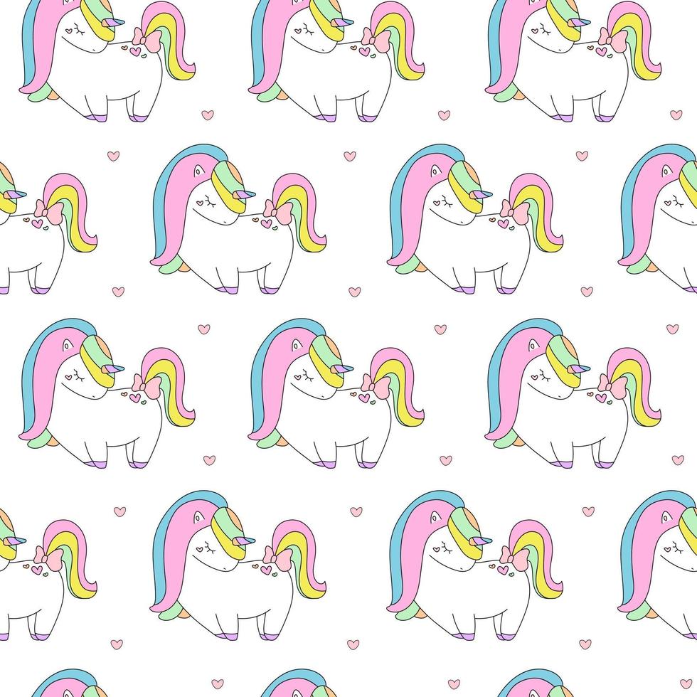 Cute little unicorn with hearts White pastel pattern doodle vector