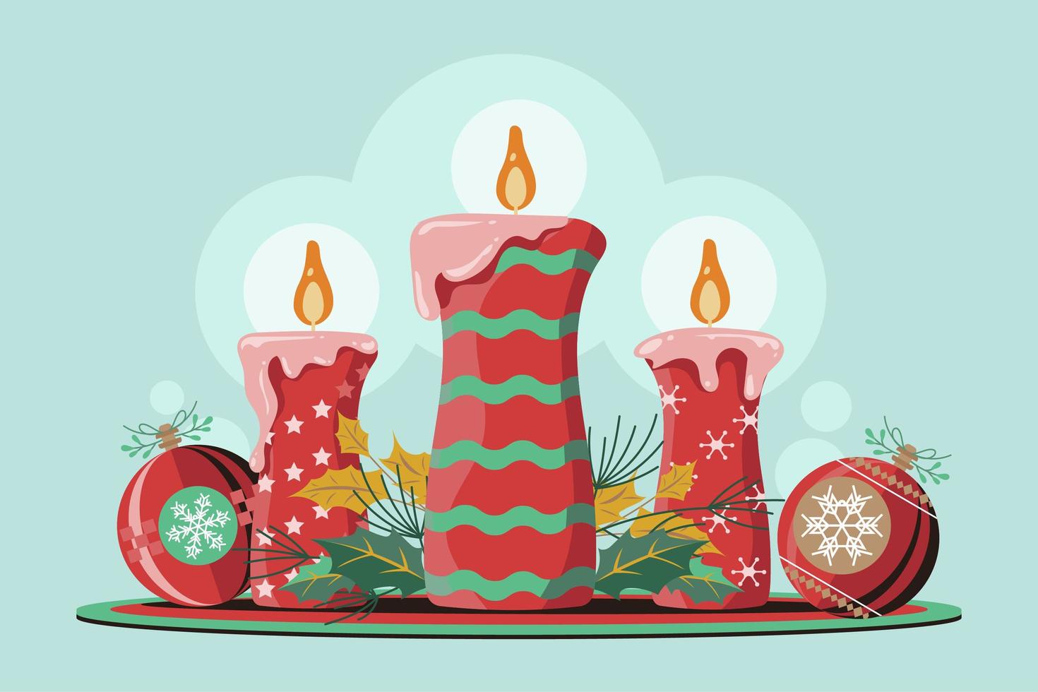 Conjunto de velas de navidad con rama de fondo de flores de navidad vector