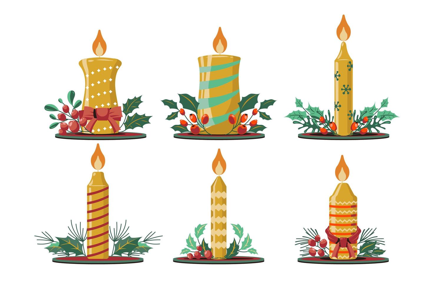 Conjunto de velas de navidad con rama de fondo de flores de navidad vector