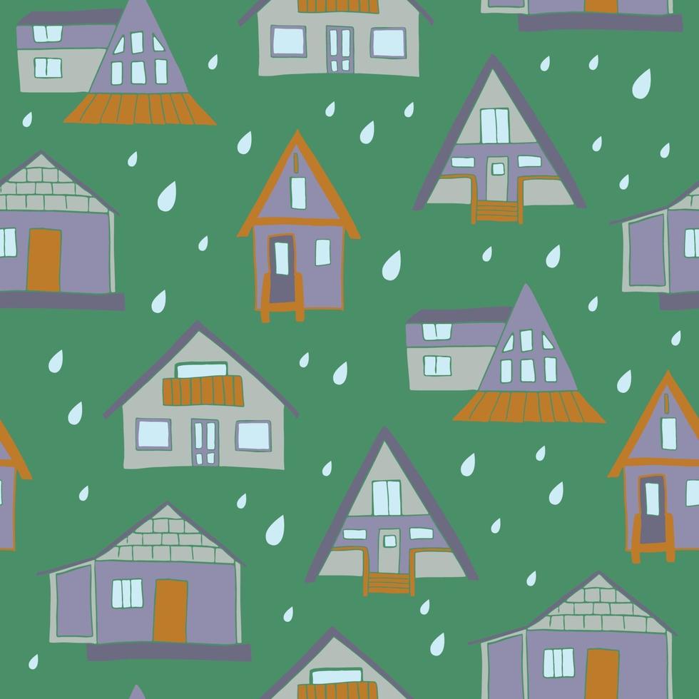 Houses and raindrops seamless pattern vector