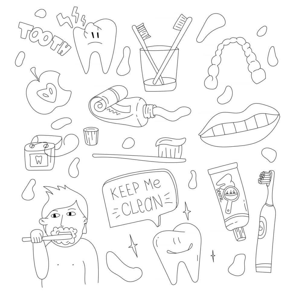 cuidado dental doodle set hilo dental y cepillo de dientes moderno conjunto de elementos vector
