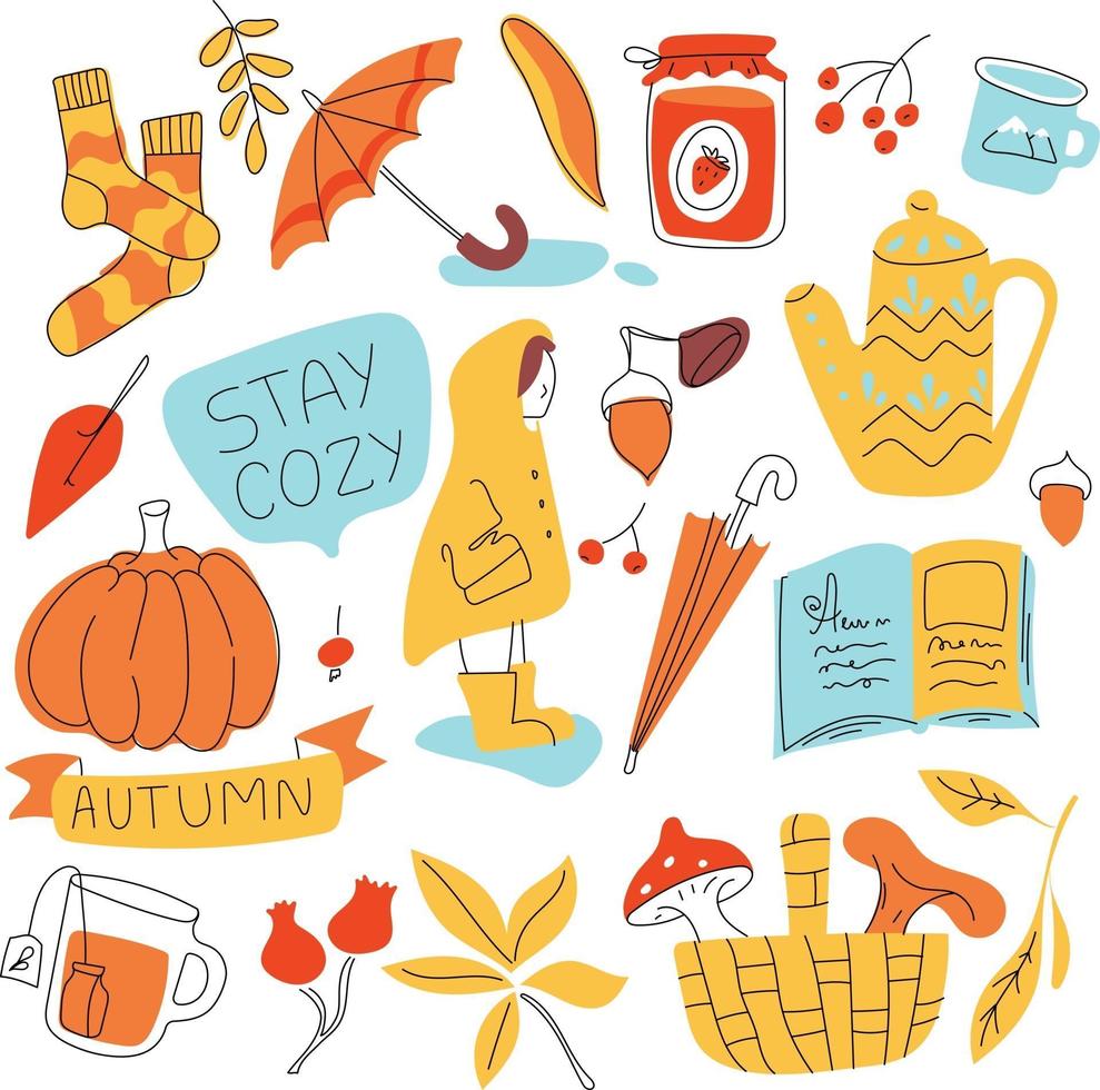 Autumn elements doodle Set icons Fall season Oktober simple. vector