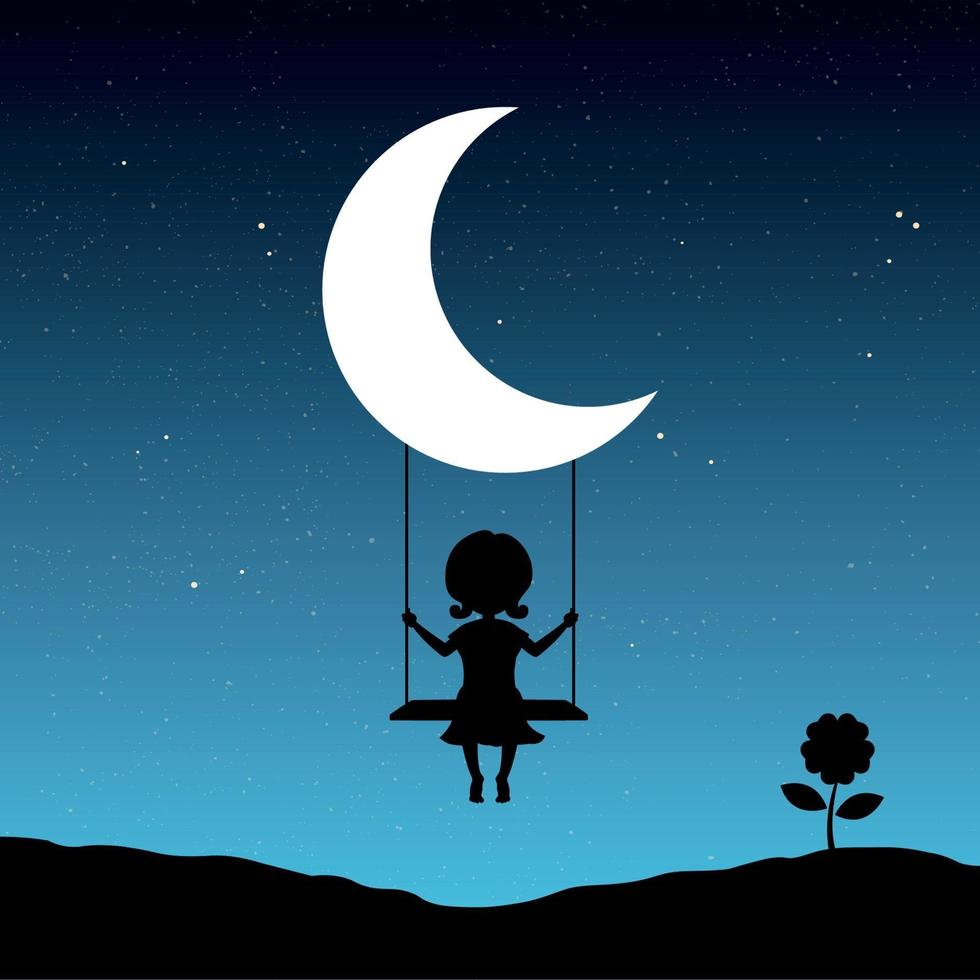 Ilustración de niña columpiándose en la luna vector