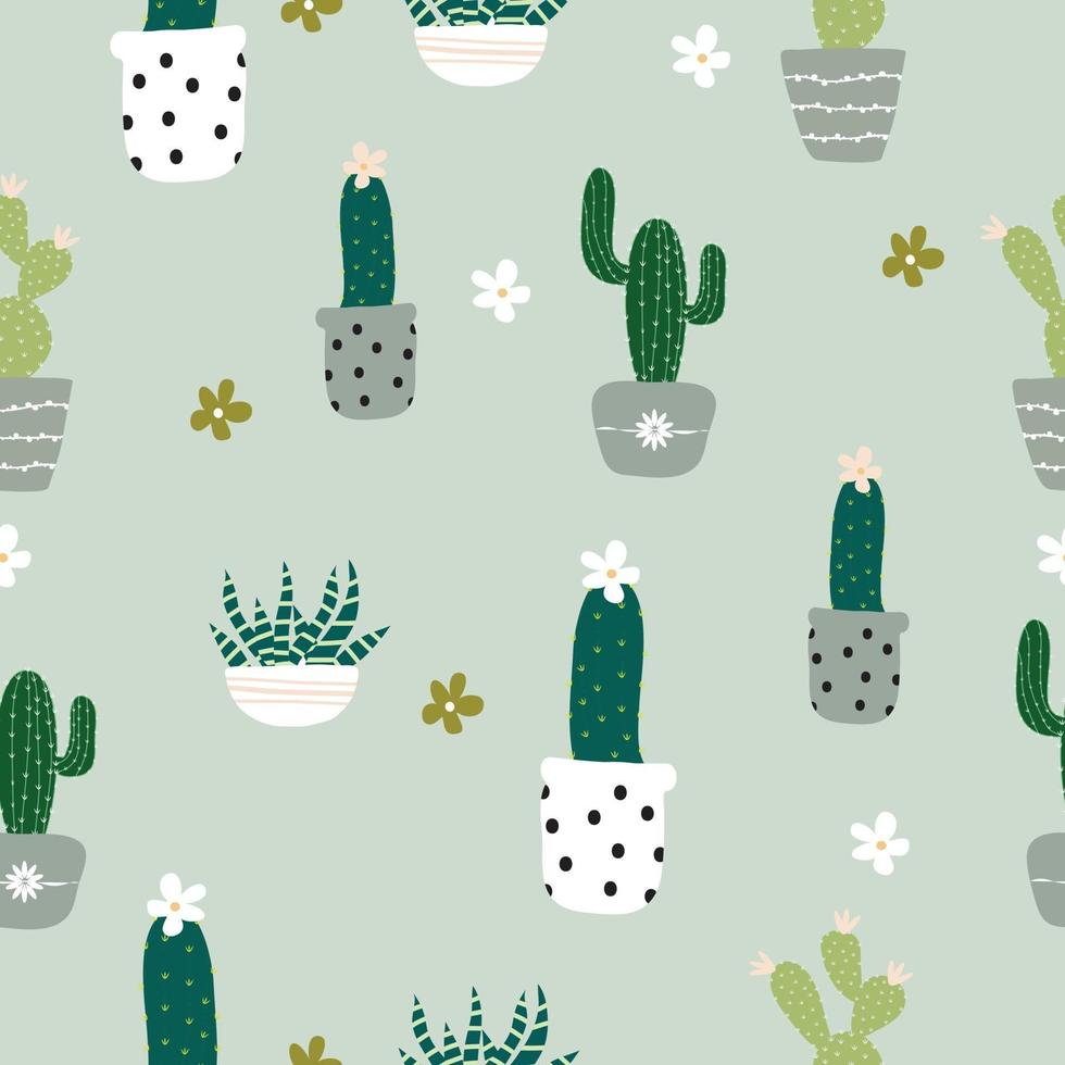 Plantas en macetas dibujadas a mano sin costuras, patrón de cactus sobre fondo verde vector