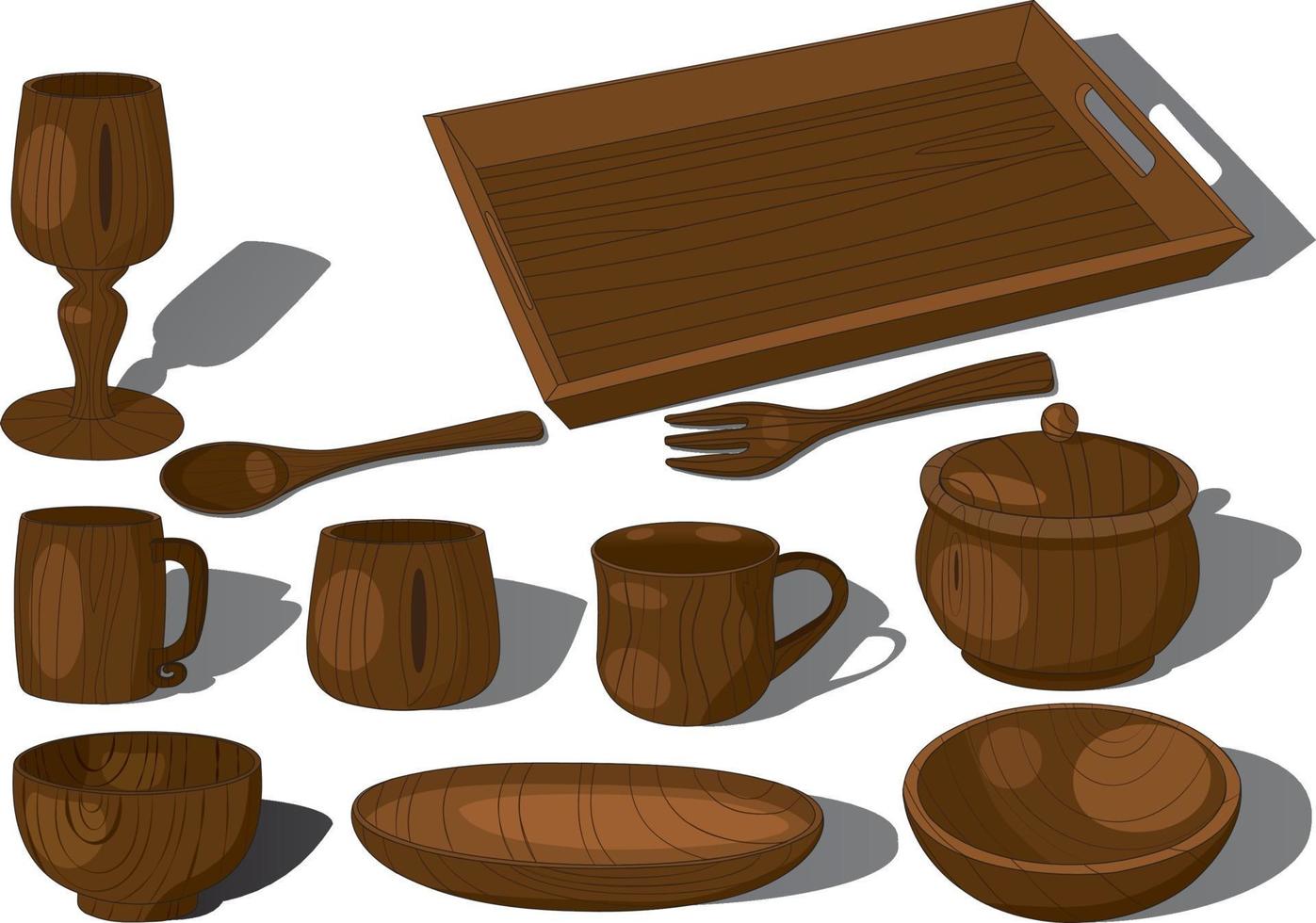 Wooden tableware utensil collection vector illustration