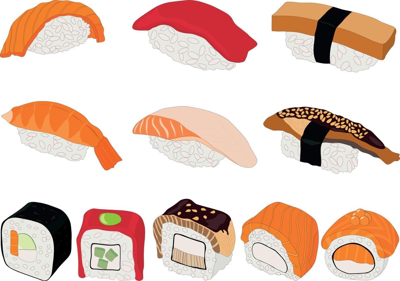 Sushi and roll different types and ingredients vector illustration set