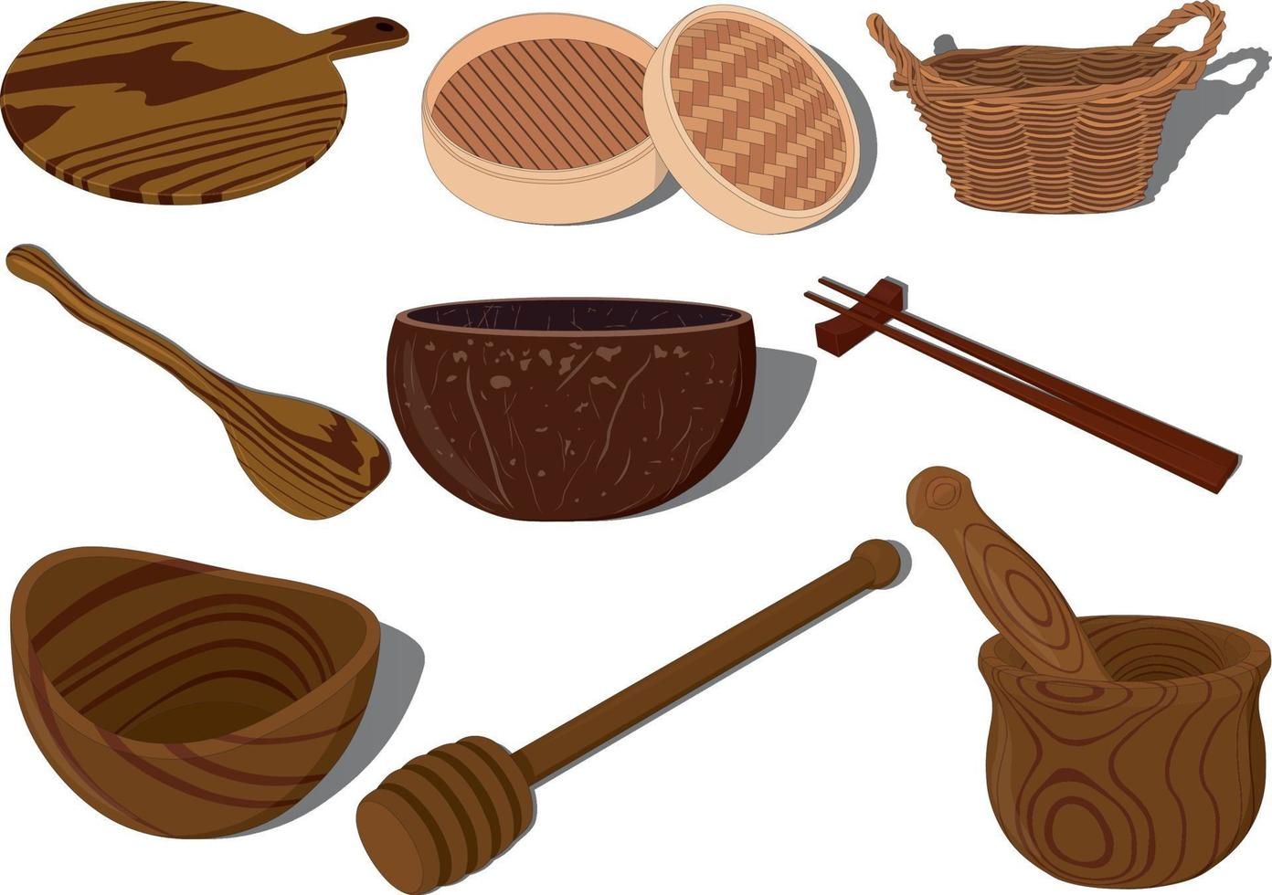 Wooden kitchen accessories and tableware vector illustration set