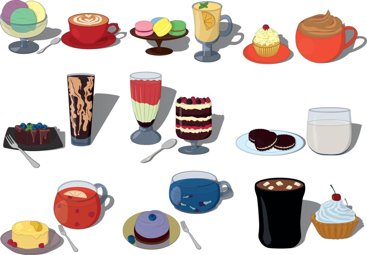 Vector iilustration set of pairs sweet desserts and drinks