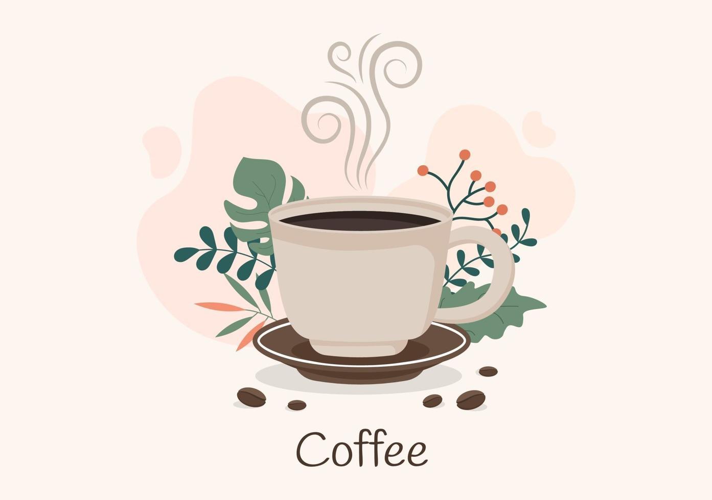 Coffee Cup Background Vector With Cacao Beans, Grains and Jug