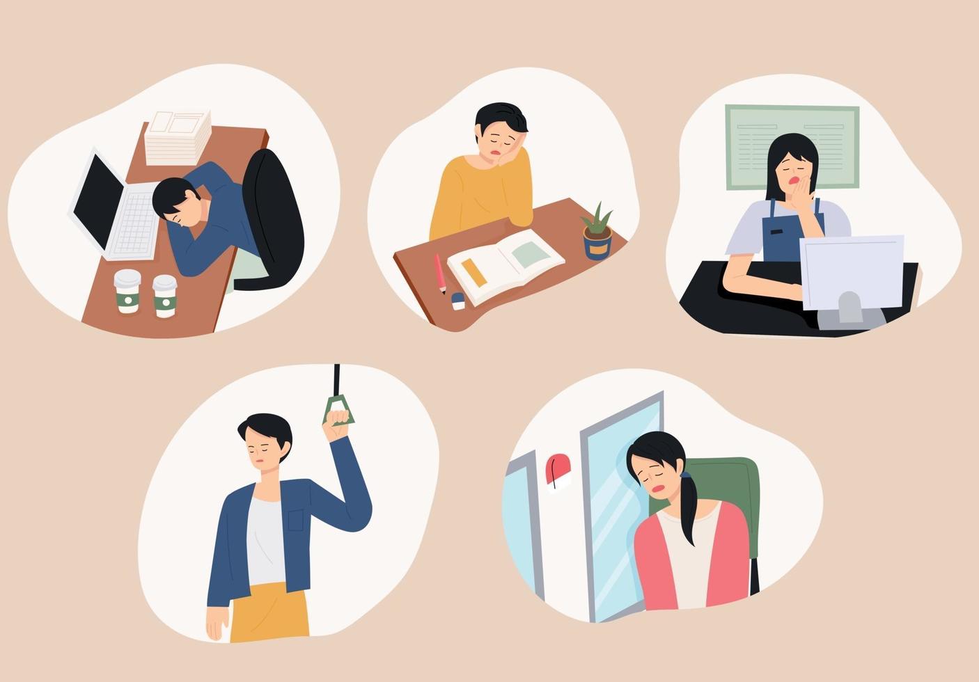 People sleeping with tired faces in various places. vector