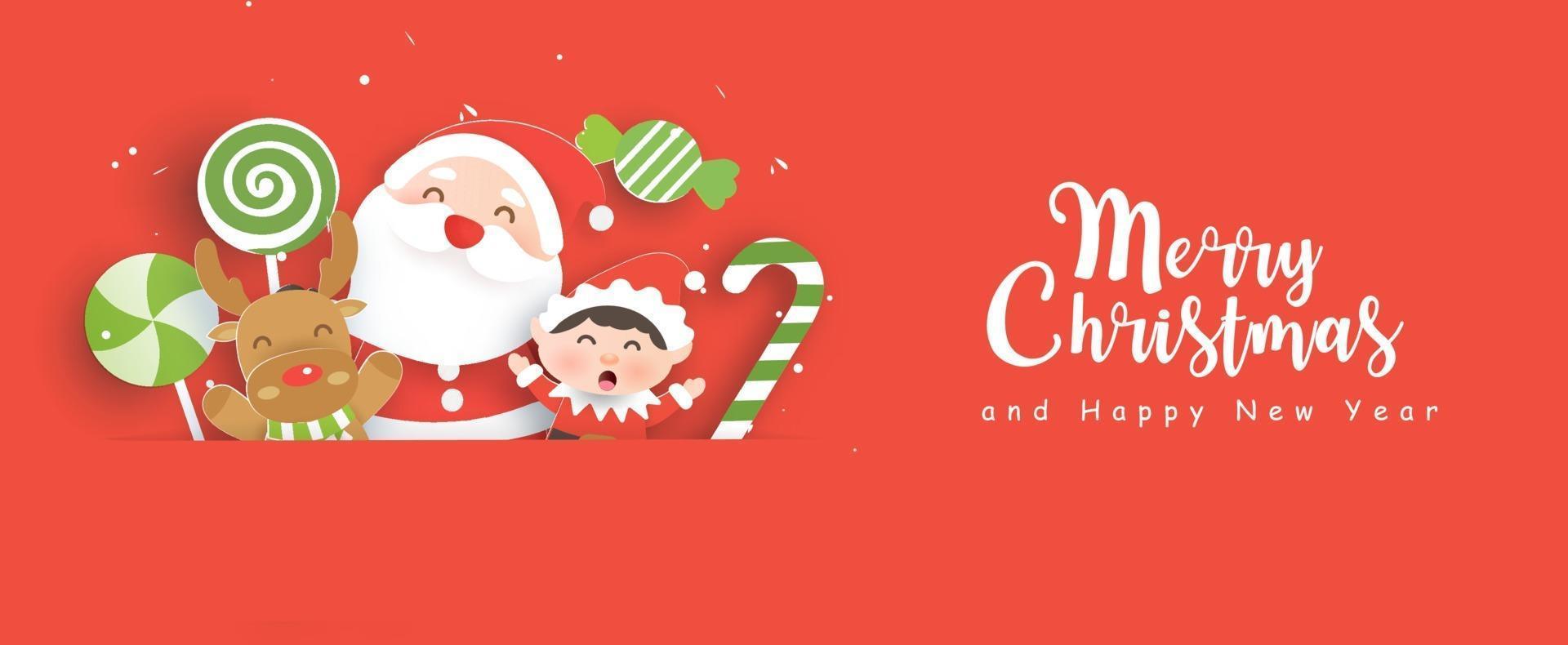 Banner de venta de Navidad con una linda Papá Noel y amigos. vector