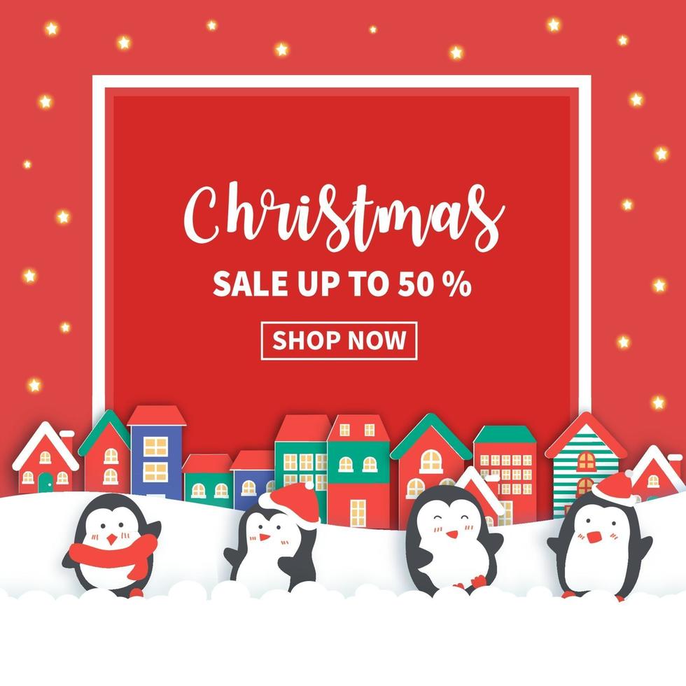 Christmas sale banner with a cute penguins. vector