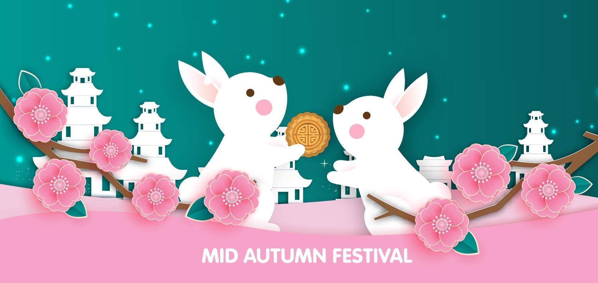 Mid Autumn Festival banner with cute rabbits in paper cut style. vector