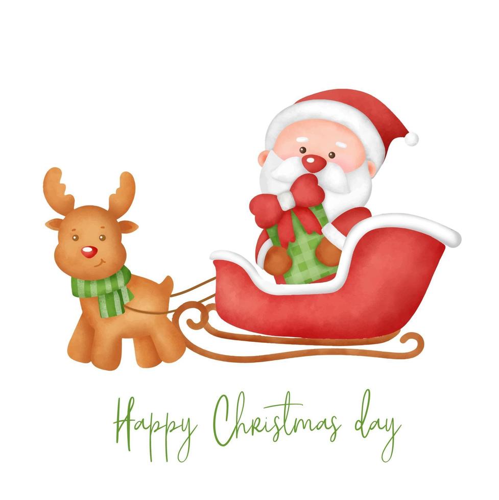 Hand drawn watercolor Christmas day greeting card with Satnta clause. vector