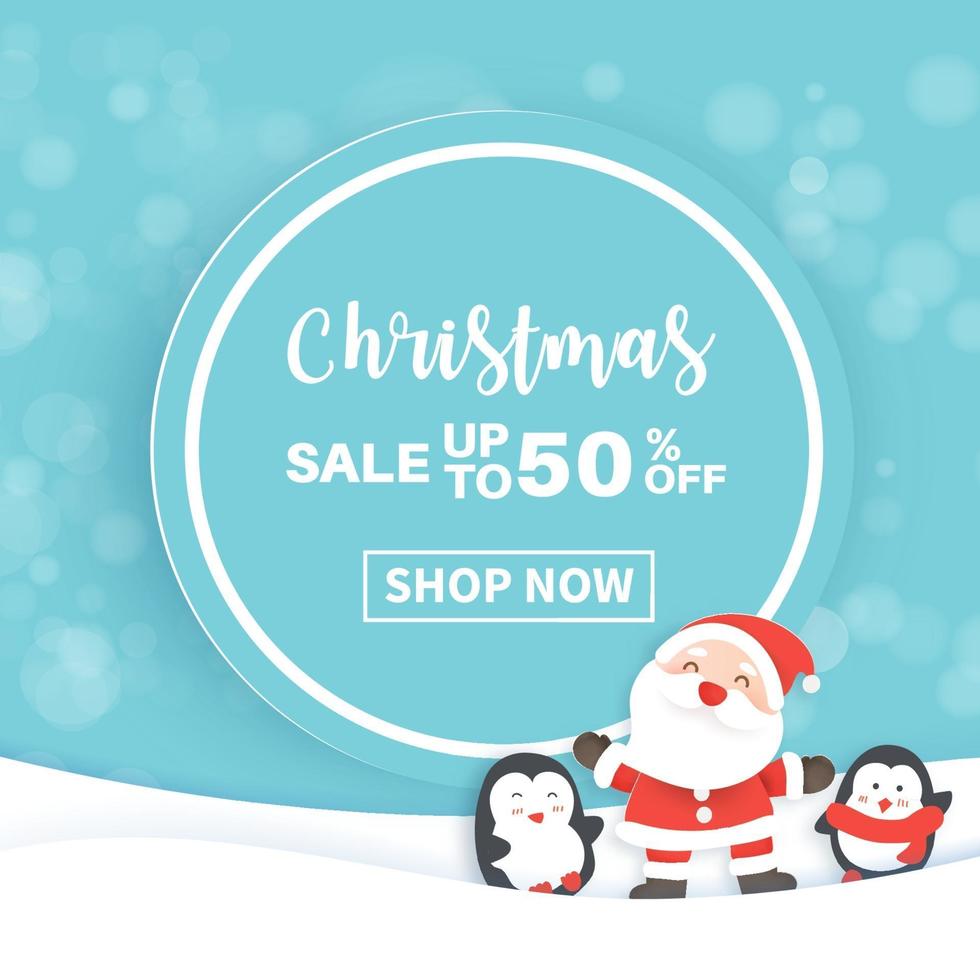 Christmas sale banner with a santa clause and friends in the snow . vector