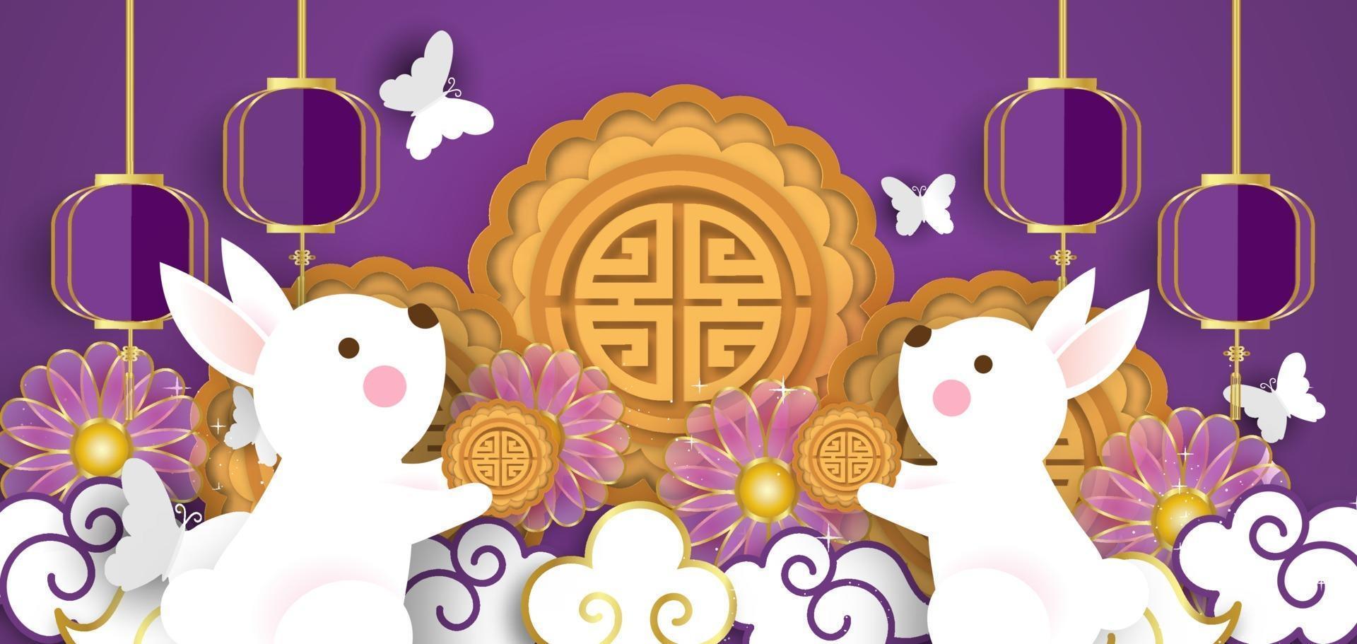 Mid Autumn Festival banner with cute rabbits in paper cut style. vector