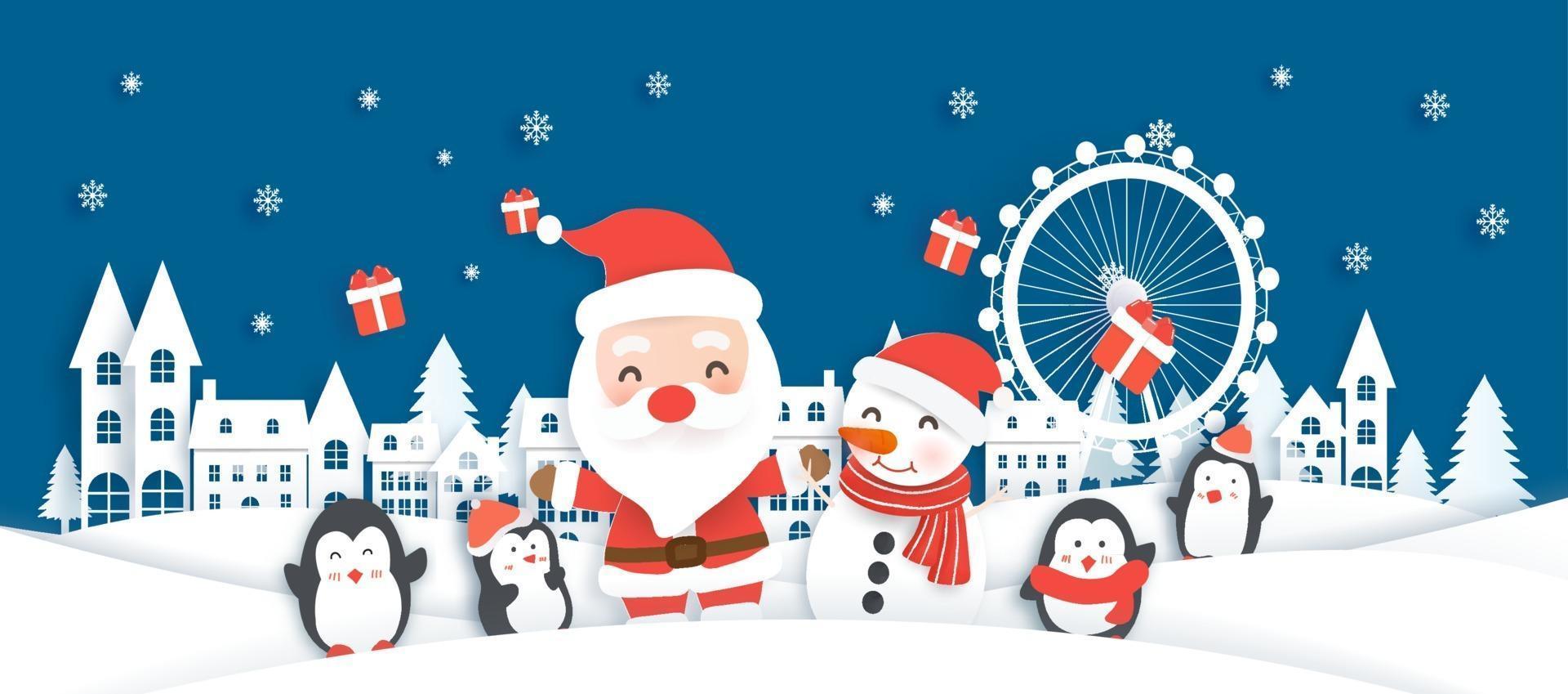 Christmas and happy new year banner with cute Santa and friends . vector