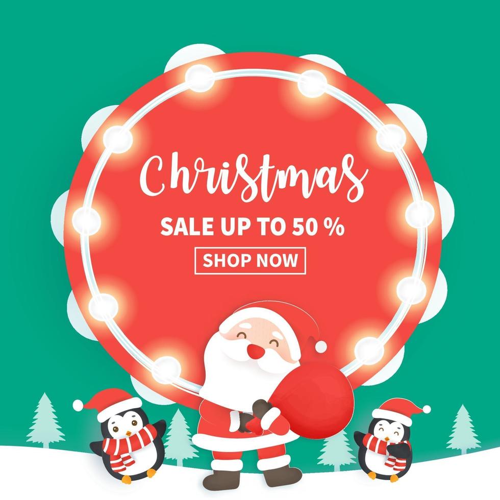 Christmas sale banner with Santa clause and friends. vector