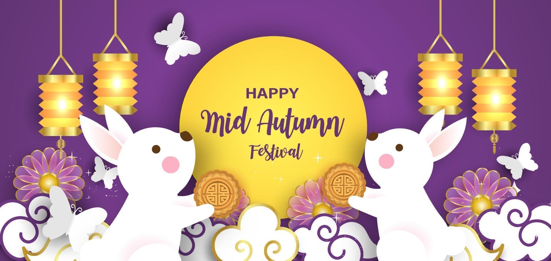 Mid Autumn Festival banner with cute rabbits in paper cut style. vector