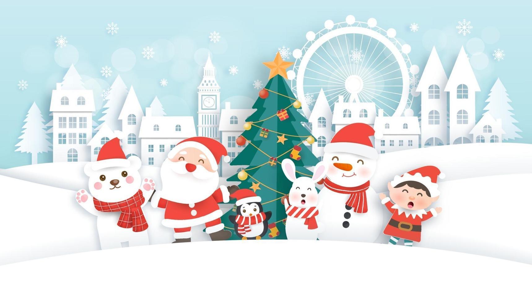 Banner de venta de Navidad con una linda Papá Noel y amigos. vector