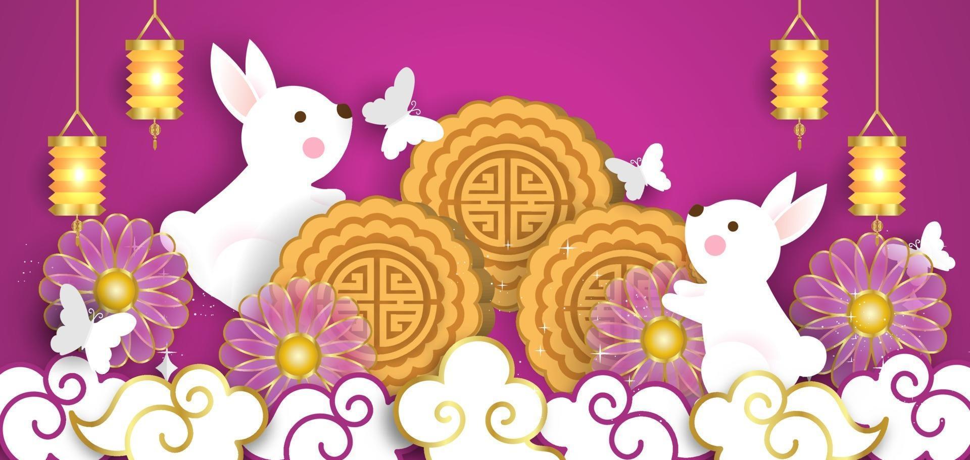 Mid Autumn Festival banner with cute rabbits in paper cut style. vector