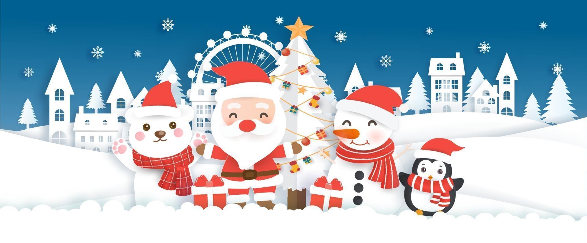 banner de navidad y feliz año nuevo con lindo santa y amigos. vector