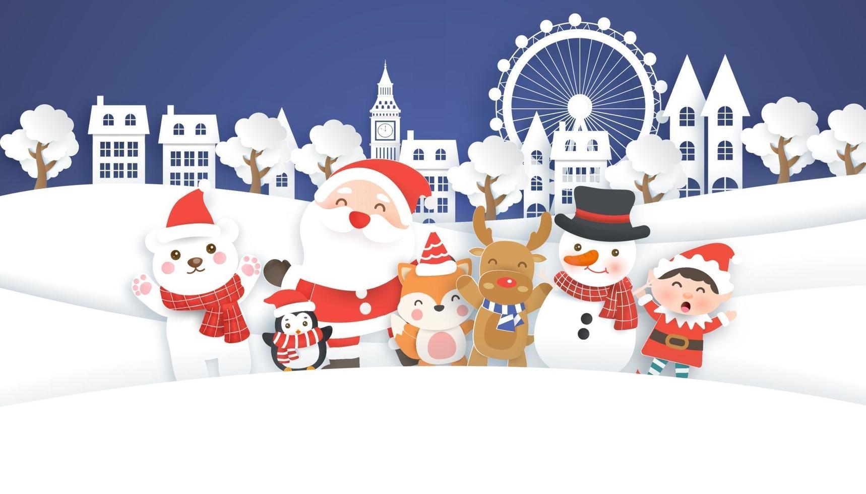 Christmas sale banner with a cute Santa clause and friends . vector