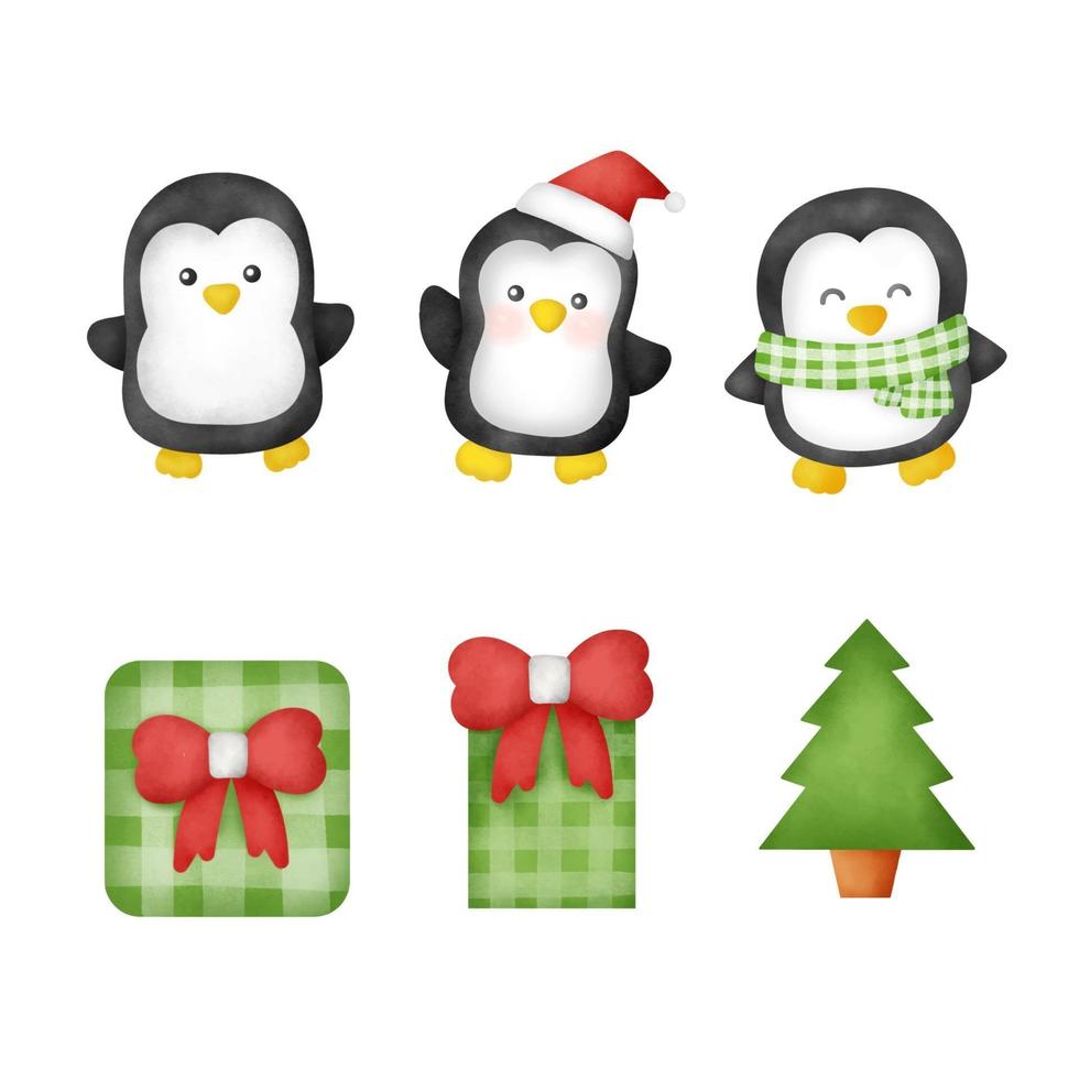 dibujados a mano acuarela navidad lindos pingüinos. vector