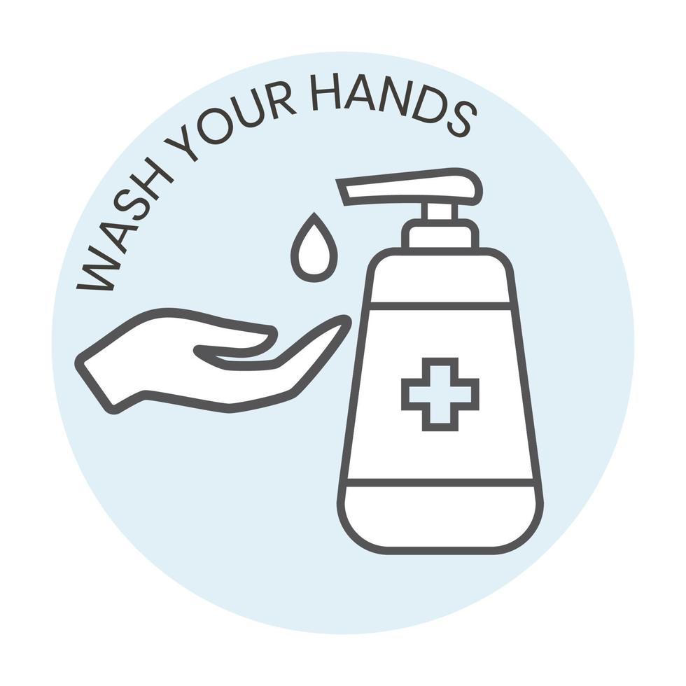 Wash your hands outline flat style vector sign with hand soap bottle