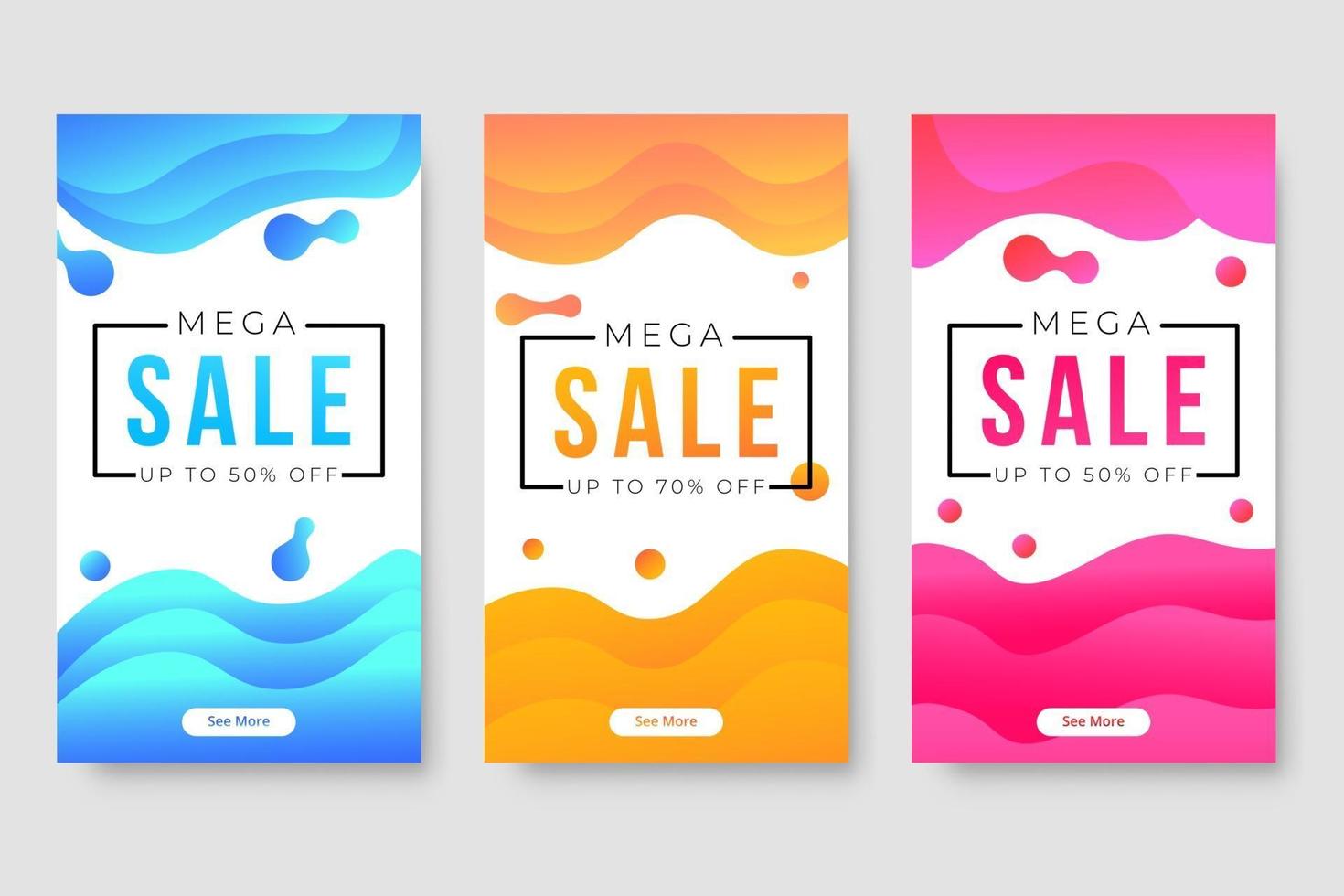 Conjunto de 3 diseño fluido moderno dinámico para banners de mega venta. vector