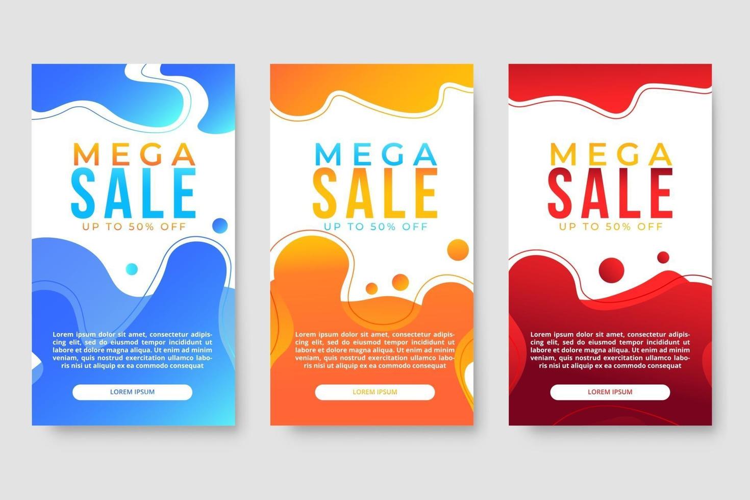 Conjunto de 3 diseño fluido moderno dinámico para banners de mega venta. vector