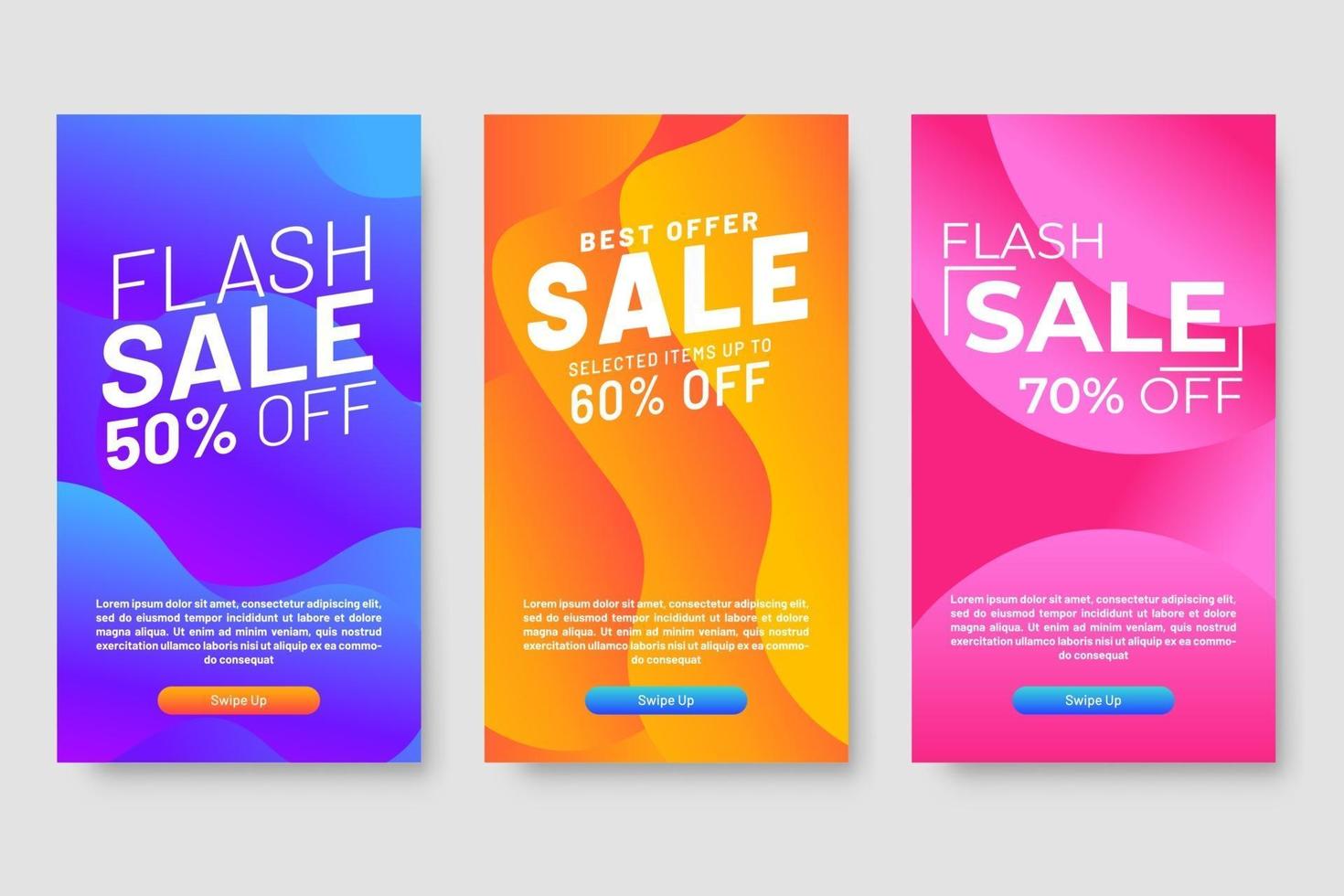 Conjunto de 3 diseño fluido moderno dinámico para banners de mega venta. vector