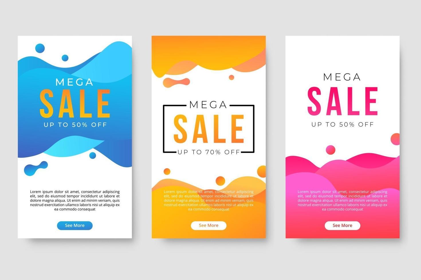 Conjunto de 3 diseño fluido moderno dinámico para banners de mega venta. vector