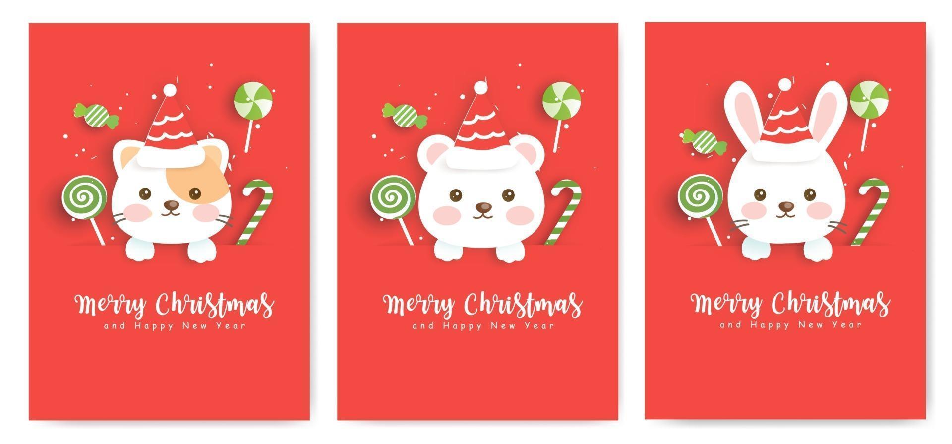 Set of Christmas greeting cards with cute bear, rabbit and cat. vector