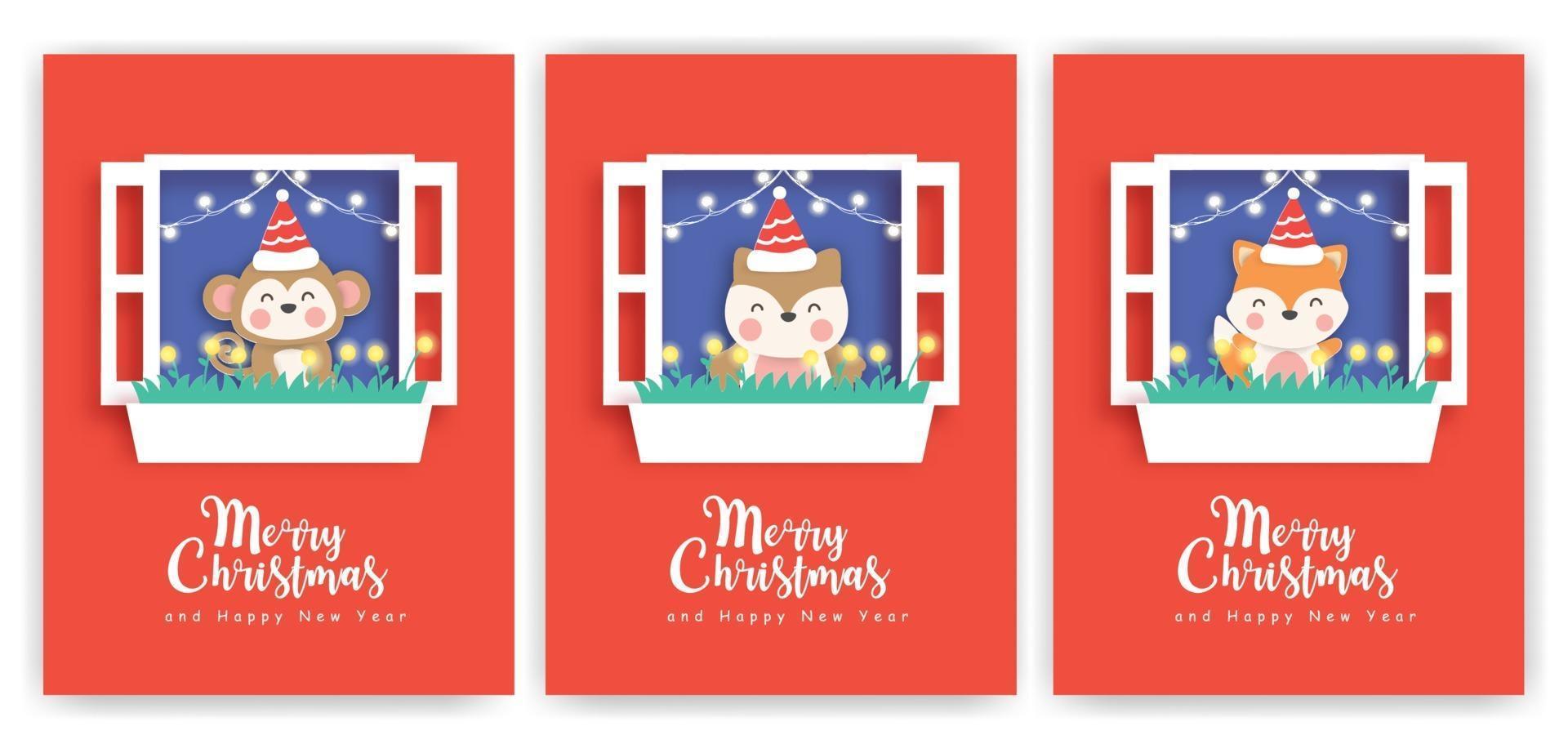 tarjetas de navidad y tarjetas de felicitación de año nuevo con lindos animales. vector