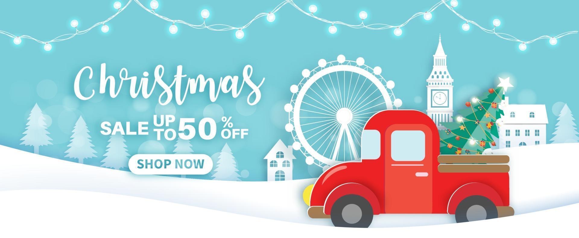 Banner de venta de Navidad con un coche rojo. vector