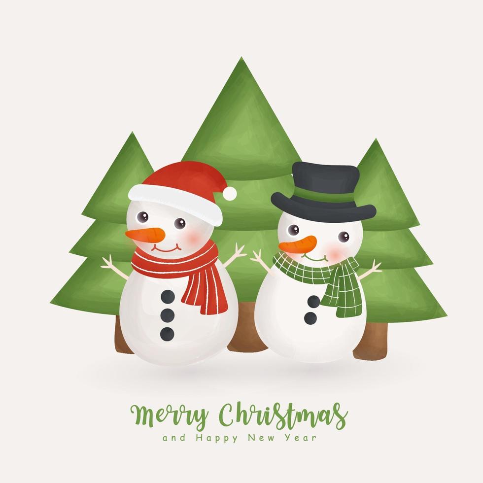 Christmas watercolor winter with cute snowman. vector