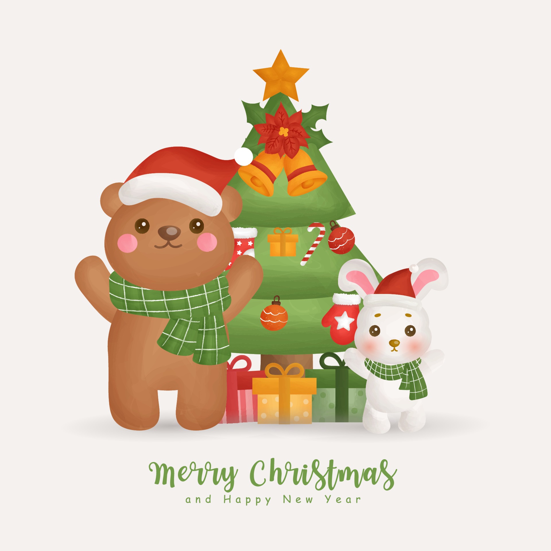 Christmas watercolor with Christmas cute Santa clause and friends ...