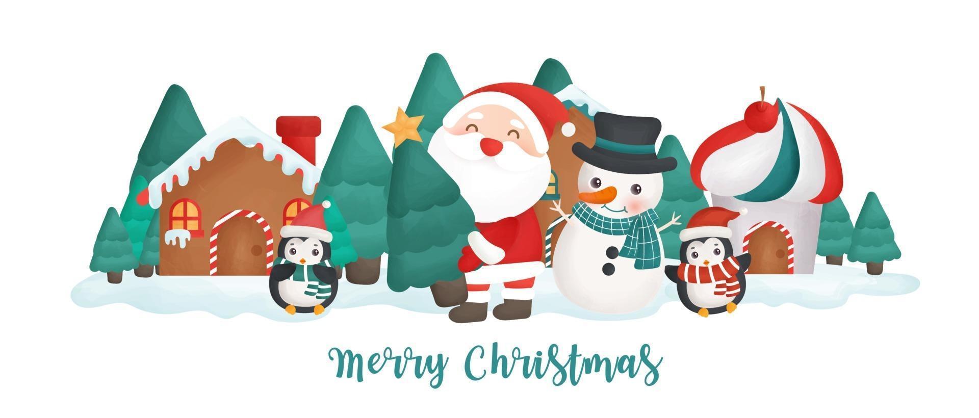 Banner de venta de Navidad con una linda Papá Noel y amigos. vector