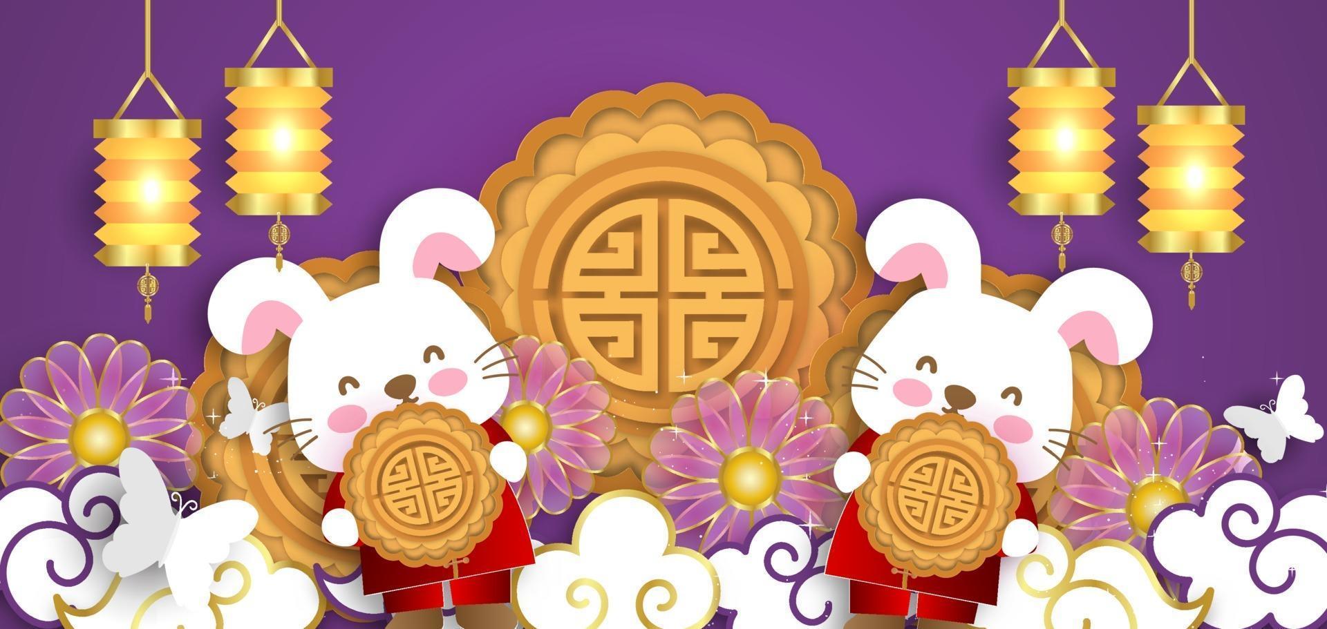 Mid Autumn Festival banner with cute rabbits in paper cut style. vector