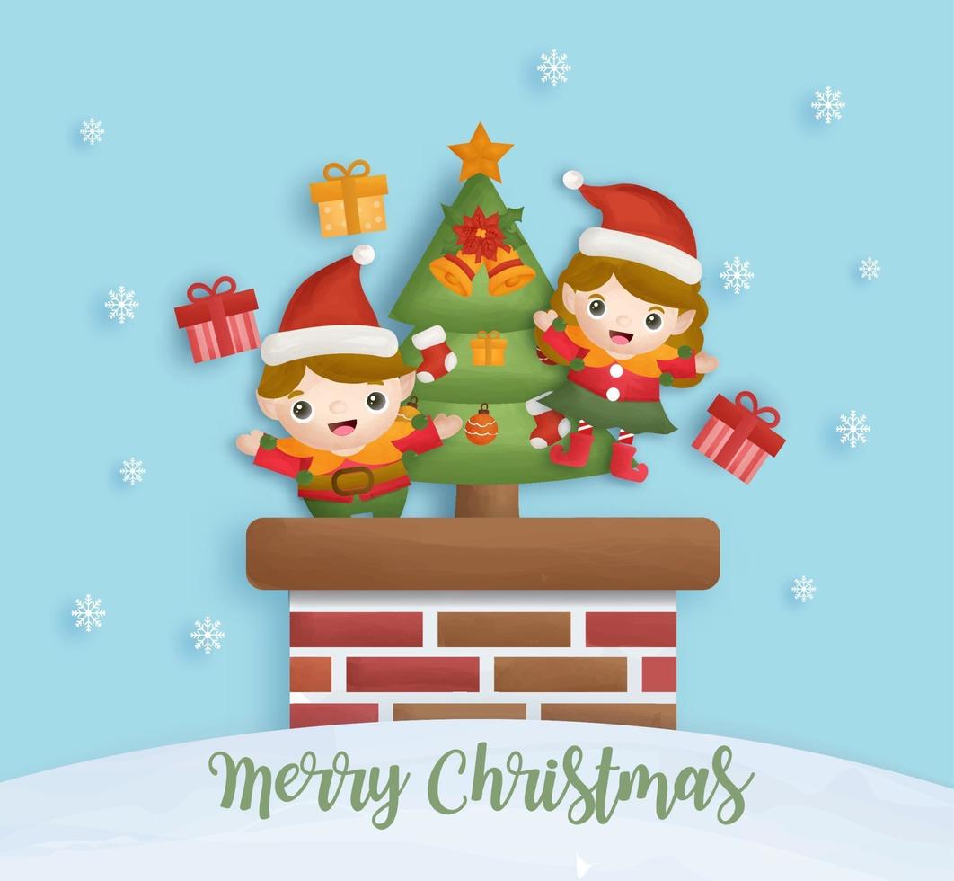 Christmas post card with cute elf and Christmas tree. vector